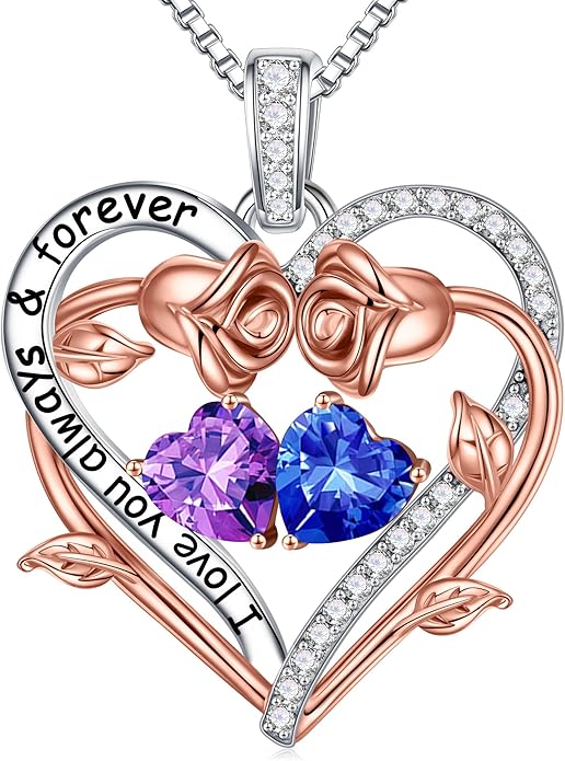 Iefil Rose Heart Double Birthstone Necklace Gifts for Wife Her Mom Women, Birthstone Jewelry Gemstone Birthday Gifts for Girlfriend Grandma Her Wife Women