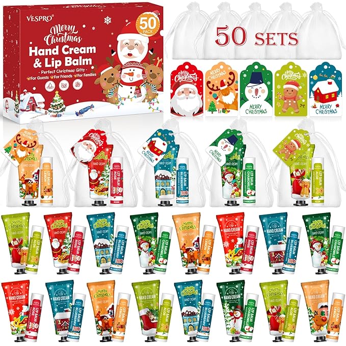 VESPRO 50 Pack Christmas Hand Cream and Lip Balm Gift Set, Bulk Christmas Gifts with Christmas Cards and Organza Bag, Christmas Decorations, Party Favors and Stocking Stuffers for Women