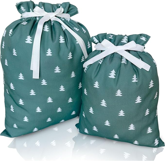 Gather & Knot Drawstring Christmas Gift Bags | 20" Large 16" Medium | Premium Canvas | Reusable Fabric Wrap for Holidays | Mix & Match | Christmas Trees