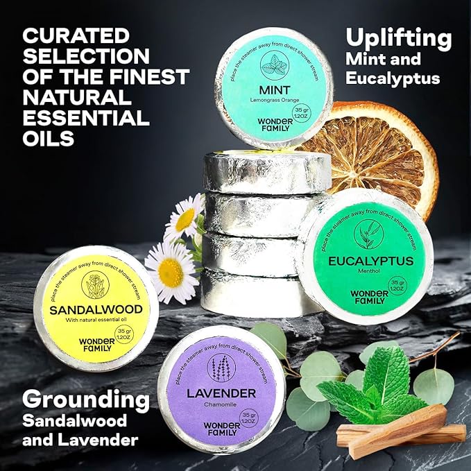 Aromatherapy Shower Steamers Gift Set – Mint, Eucalyptus, Sandalwood, Lavender – Essential Oil Vapor Shower Tablets, Individually Wrapped Melts, Spa Presents for Women & Men - New Year Gifts