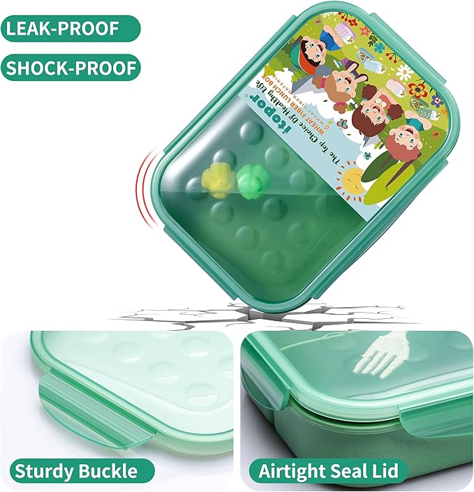 Wheat Straw Lunch Box - Leakproof Bento Box for Kids & Adults, BPA-Free 3-Compartment Food Containers, Microwave & Dishwasher Safe (Green, 5.5 Cup)