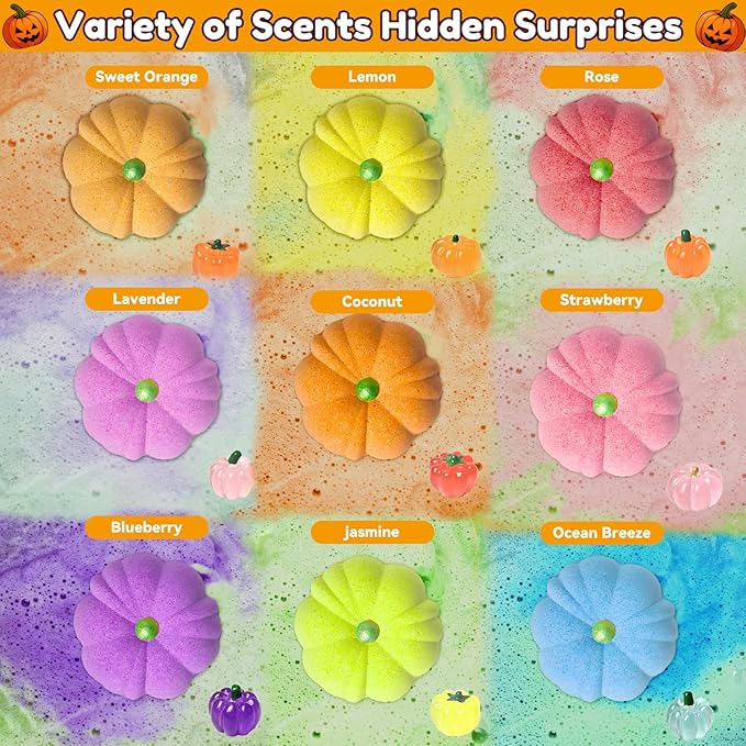 Halloween Bath Bombs for Kids Gifts: 9 Pcs Pumpkin Bath Bomb with Toys Inside Surprise Spider Light up Bath Toy Spooky Basket Stuffers for Kid Boys Girls Ages 3+ Bubble Fall Shower Steamers Bathroom