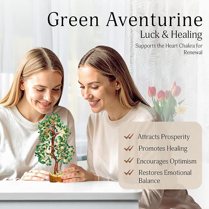 YATSKIA Green Aventurine Gemstone Tree Natural Stone Feng Shui Wire Bonsai Seven Chakra Jewelry Trees of Life Necklace Good Luck Handmade Prosperity Success Stones Gift Home Office Desk Shelves Décor