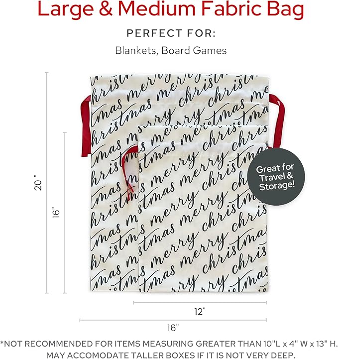Gather & Knot Drawstring Christmas Gift Bags | 20" Large 16" Medium | Premium Canvas | Reusable Fabric Wrap for Holidays | Mix & Match | White Merry Christmas