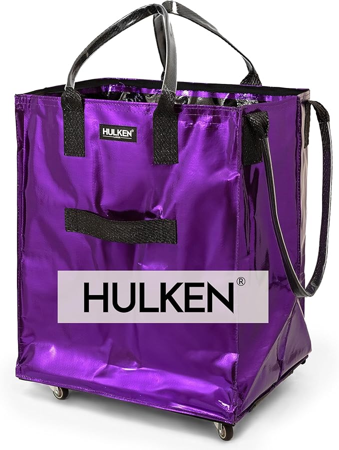 HULKEN - (Large, Ultraviolet) Reusable Grocery Bag On Wheels, Shopping Trolley, Rolling Tote, Zipper Closure, Lightweight, Carries Up to 66 lb, Folds Flat, Unbreakable Handles