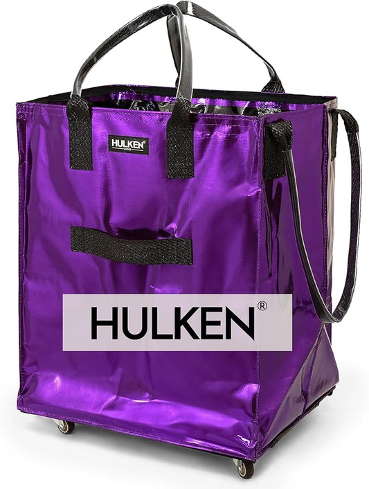 HULKEN - (Large, Ultraviolet) Reusable Grocery Bag On Wheels, Shopping Trolley, Rolling Tote, Zipper Closure, Lightweight, Carries Up to 66 lb, Folds Flat, Unbreakable Handles