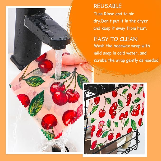 Reusable Beeswax Wrap, 4 Pack Eco-Friendly Beeswax Wraps For Food, Organic, Sustainable, Biodegradable, Zero Waste, Plastic-Free Food Storage, 1L Avocado, 1M Cherry, 1S Strawberry, 1XS Lemon Patterns