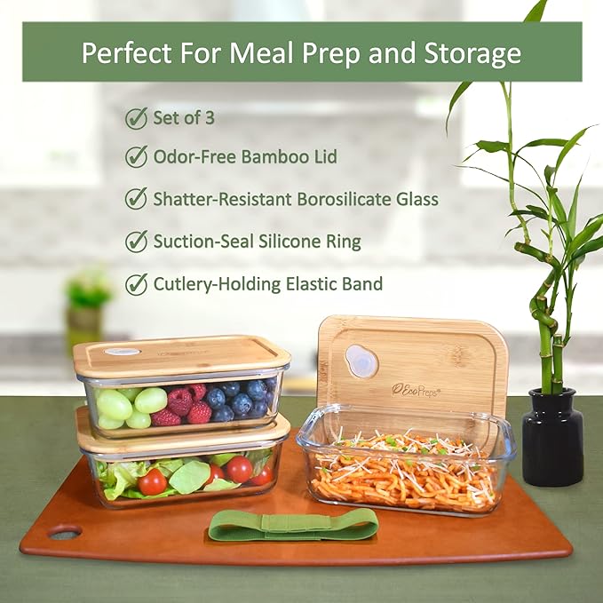 Glass Meal Prep Containers with Bamboo Lids (3 Pack) - 100% Plastic Free, Eco-Friendly Lunch Containers, Bamboo Lid Storage Container Set - Microwave Safe Glass Food Storage Container Set