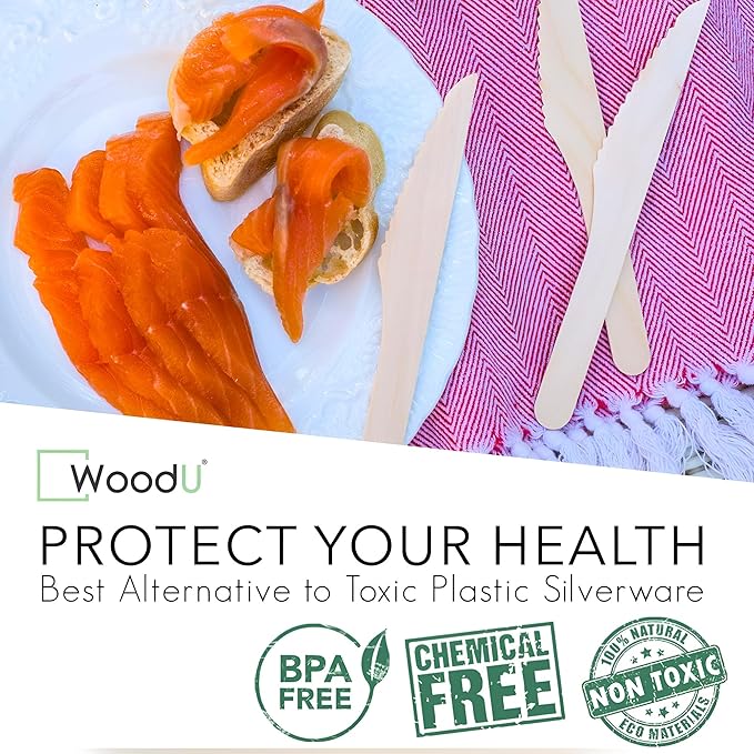 WoodU Disposable Wooden knives 100% All-Natural, Eco-Friendly, Biodegradable, and compostable knives - Pack of 100-6.5" Butter Cheese Knife Wooden Utensil