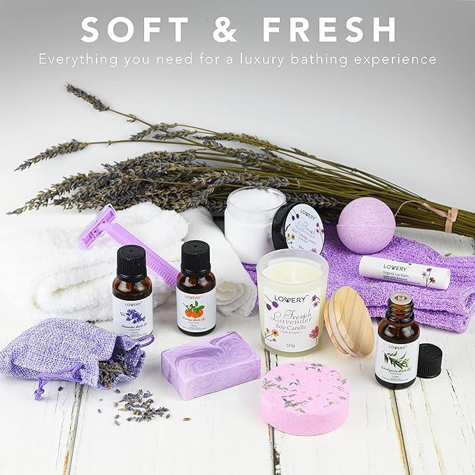 Christmas Bath Gift Set, 18pc French Lavender Relaxation Spa Gift Basket for Women & Men, Handmade Gift Box, Body Oils, Organic Lip Balm, Scented Candle, Bath Bomb & More, Spa Kit Gift for Birthday