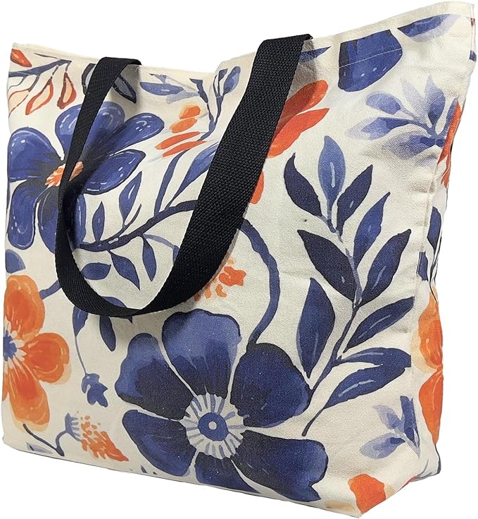 Large Tote Bag for Women, Floral Grocery Tote with Snap Thick Canvas Both Side Pattern, Gift Daily Use Shopping Travel Picnic
