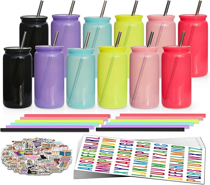 16 oz Plastic Cups Reusable with Lids and Straws & DIY Sticker, 12Pack Acrylic Mason Jars Iced Coffee Drinking Glasses Cup for Park Picnic, Poolside, Party Giveaways, Jelly Color