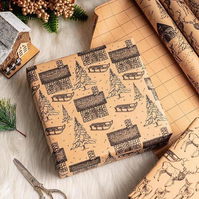 RUSPEPA Christmas Wrapping Paper - Black Sketch Design - 4 Rolls - 30 Inches x 10 Feet Per Roll