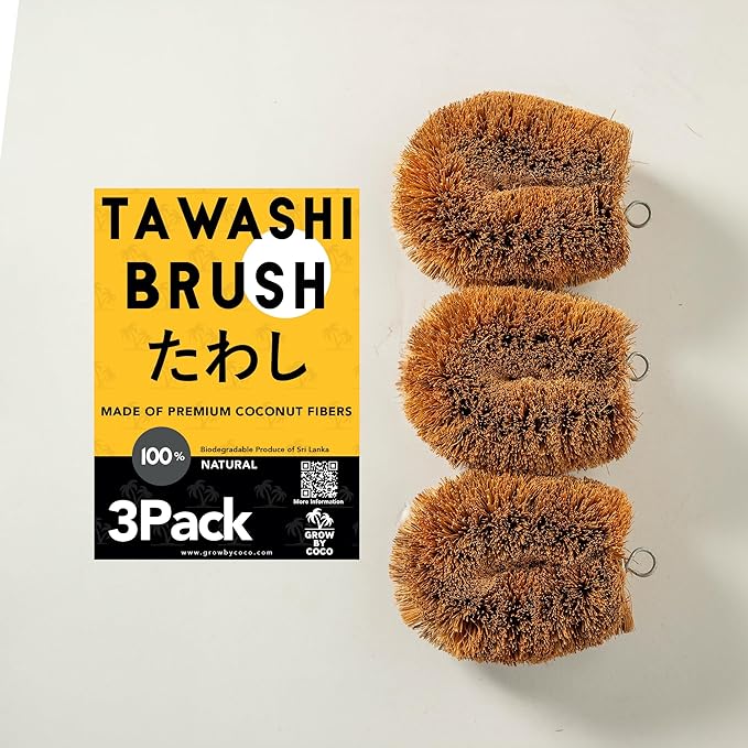Pack of 3 Tawashi 100% Natural Coconut Coir Fiber Brush, Vegetable Scrub Brush,Ideal for Fruit Scrub, Kitchen Cleaning Needs, Kamenoko Japanese Design