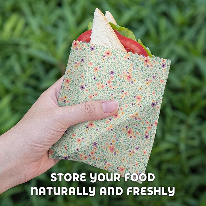 Akeeko Reusable Beeswax Food Wraps - Assorted 9 Packs, Reusable, Plastic-Free Food Storage, 5 Small, 2 Medium, 1 Large, 1 Extra Large Wraps with Water Color Flora Pattern