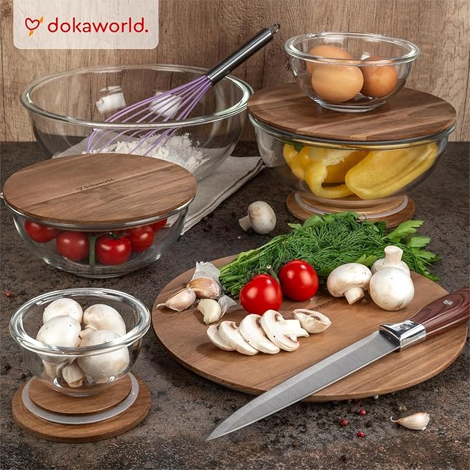 Stackable Space-Saving Set of 5 Nesting Glass Bowls with Acacia Lids for Foodprep, Storage, Mixing & Cooking - Microwave & Oven-ready BPA Free Durable Heat Resistant Inert Borosilicate Glass