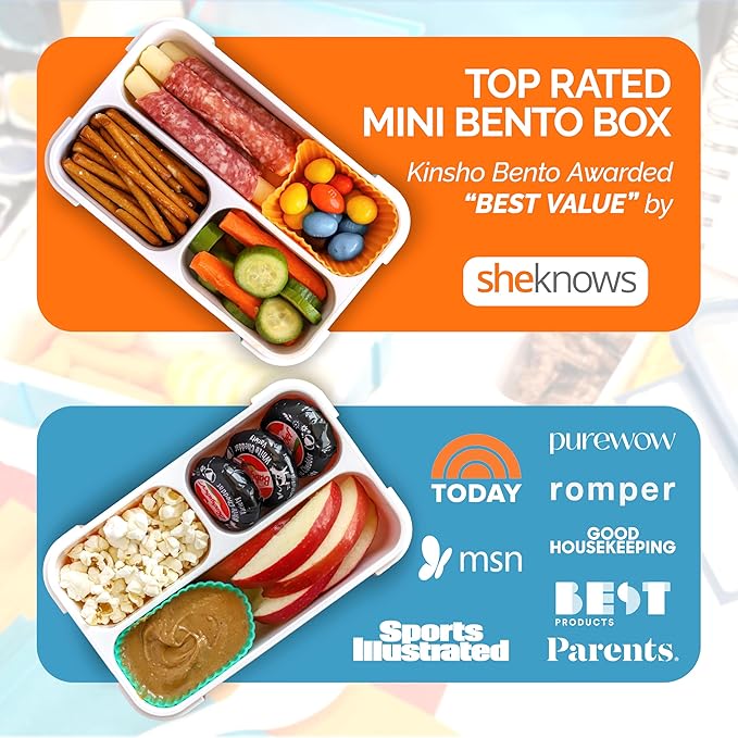 kinsho MINI Lunch-Box Snack Containers for Kids | SMALL Bento-Box Portion Container | Leak-proof Boxes for School Work Travel | Best for Adults Boys or Girls | Blue + Orange Set of 2