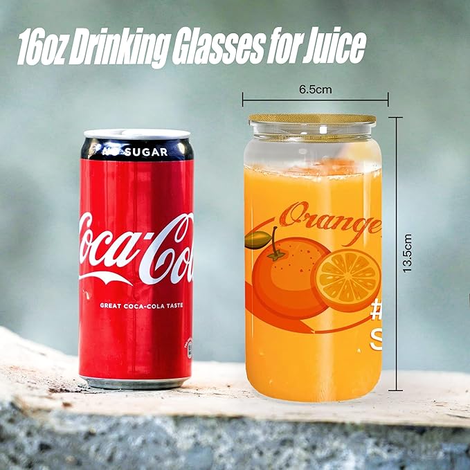 AGH 16OZ Sublimation Glass Cups with Bamboo Lids and Straws,12 Pack Drinking Glasses with lids,Clear Can Shape Beer Cup for Iced Coffee, Whiskey, Soda, Milk Juice