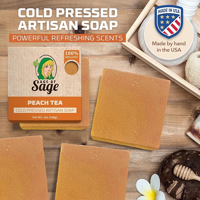Natural Bar Soap Gift Set for Women - Vegan Bath Handmade Cold Process Artisan Soap with Essential Oil, Aromatic All Moisturizing Wash Soaps, Fragrant Peach Tea Scent (4 Pack)