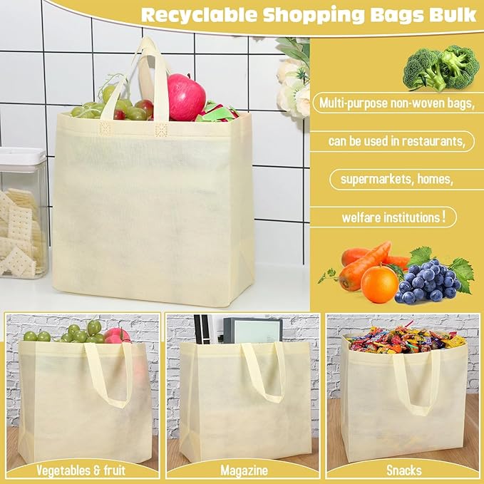 Windyun Reusable Grocery Bags Large Non Woven Shopping Bags with Handles Foldable Portable Tote Bulk, 12.6 x 11.8 x 6.3 Inch