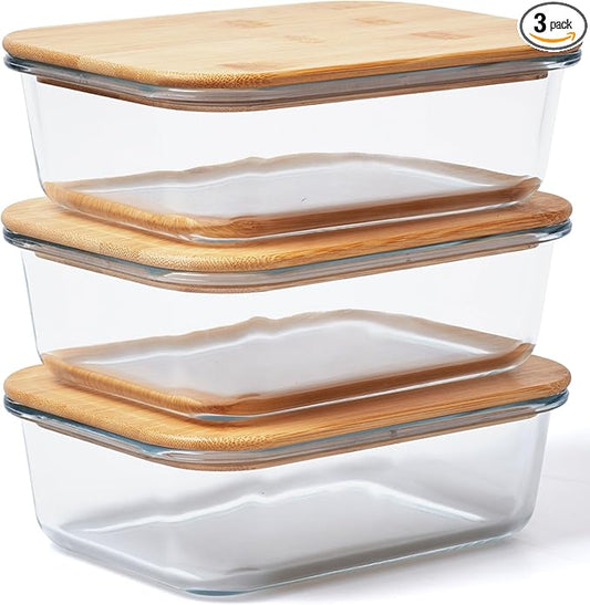 Prosumer's Choice Glass Containers with Bamboo Lids, 36oz - Set of 3 Stackable Food Storage with Wood Lids - Lunch Meal Prep Container Box - Made of Borosilicate Glass - with Silicone Ring