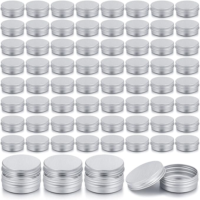 Patelai 64 Pieces Lip Balm Tin Containers Screw Top Round Tin Cans Aluminum Jar with Screw Lid, Empty Bottle Travel Cosmetic Sample Container for DIY(1 oz,Silver)