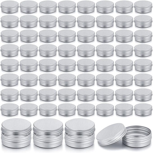 Patelai 64 Pieces Lip Balm Tin Containers Screw Top Round Tin Cans Aluminum Jar with Screw Lid, Empty Bottle Travel Cosmetic Sample Container for DIY(1 oz,Silver)