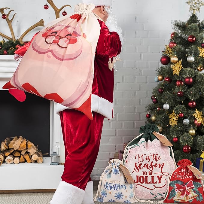 POPGIFTU 12 Pack Christmas Canvas Drawstring Gift Bags — Reusable Fabric Santa Sacks in Mixed Sizes with Kraft Tags for Holiday Present Packaging, Xmas Decorations & Party Favors