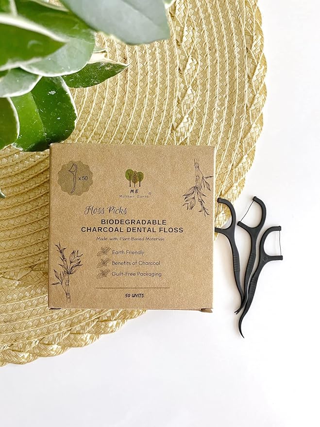 Me Mother Earth Vegan Biodegradable Dental Floss Picks (200 Count) - Natural | Sustainable | Eco-Friendly | Charcoal Dental Flossers for a Zero Waste Oral Care (3 Inch)