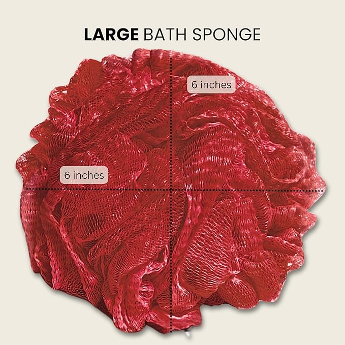 Large Bath Sponge Pack of 3 – Gentle Exfoliation Loofahs with Suction Cup for Easy Drying, Soft 70G Mesh Poufs for All Skin Types, Luxurious Lather for Daily Use (Dark Red)