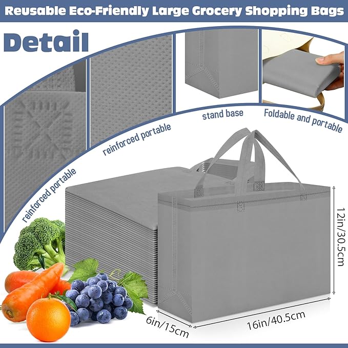Windyun Reusable Grocery Bags Large Non Woven Shopping Bags with Handles Foldable Portable Tote Bulk, 16x6x12 Inch