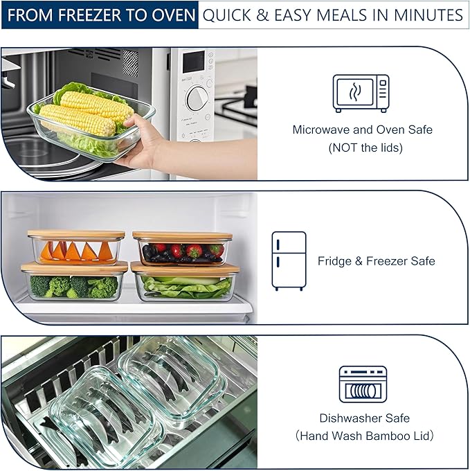 DE Glass Food Storage Containers with Bamboo Lids – 4 Pack (12oz/21oz/35oz/51oz) – BPA-Free Borosilicate Glass Meal Prep Boxes – Oven, Microwave, Freezer Safe – Stackable & Airtight