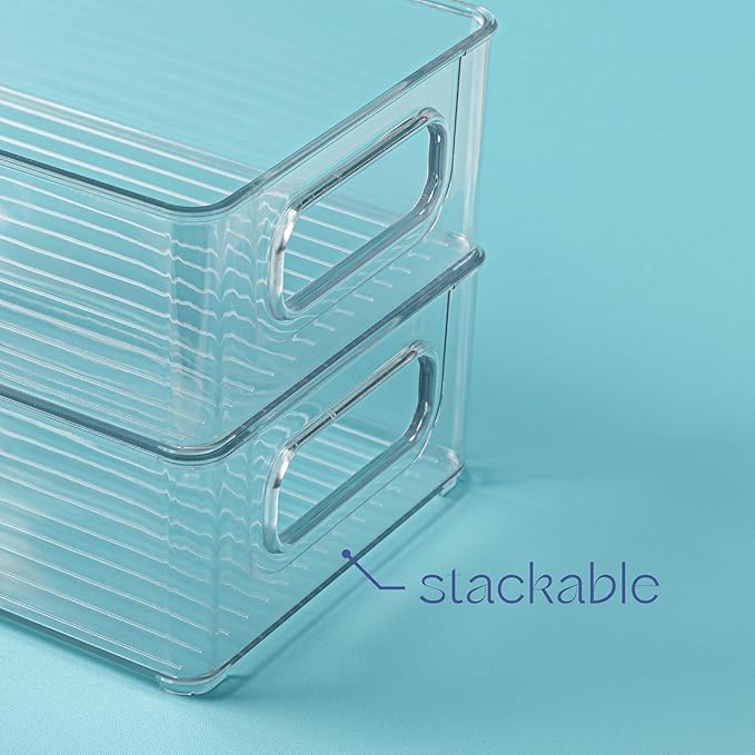 primebox Plastic Food Storage 4 Pack Clear Container Bin with Handles for Organizing Kitchen, Pantry, Refrigerator, Freezer, Pantry, Cabinet, Closet, Bathroom. Stackable 10”x6”x3”