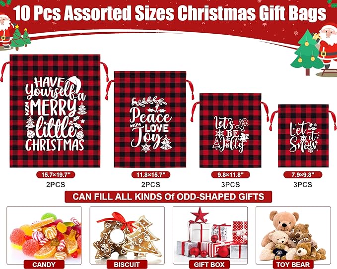 10 PCS Christmas Drawstring Gift Bags with Tags, Buffalo Plaid Xmas Gift Bags Assorted Sizes Bulk, Cotton Fabric Holiday Gift Bag Large Medium Small Wrapping Bag for Xmas Presents Decor Party Favors