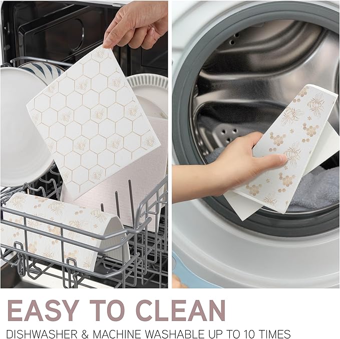 COOK WITH COLOR Eco-Friendly Reusable Swedish Dishcloths for Kitchen - Pack of 8 Reusable Paper Towels, Biodegradable Cellulose Sponge Cloths- Assorted Designs and Colors, Neutral Bees