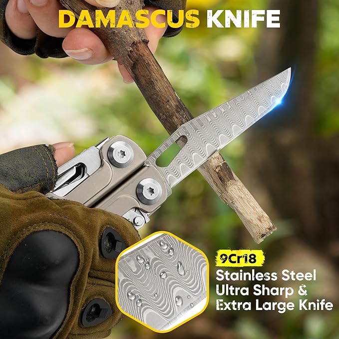 BIBURY Titanium Alloy Multitool with Damascus Knife, EDC Multi tools with Replaceable Wire Cutters, Scissors, Screwdriver Bits, Titanium Handle Multi-Tool for Camping, Survival, Repair - BI2049TI