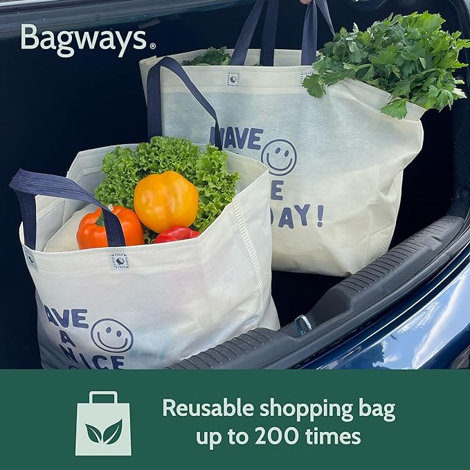 Bagways 50 PACK Reusable Grocery Bags with Handles, Durable, Foldable, Washable Eco-Friendly Shopping Tote Bags Bulk, 14x6.5x14 Inch, Cream/Blue Design