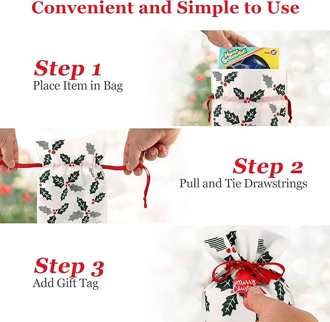 Fabric Gift Bags for Christmas Presents – Set of 6 Large Reusable Drawstring Bags with Festive Holly Design – Christmas Bags for Gifts – Perfect for Gift Wrap and Holiday Giving (Holly)
