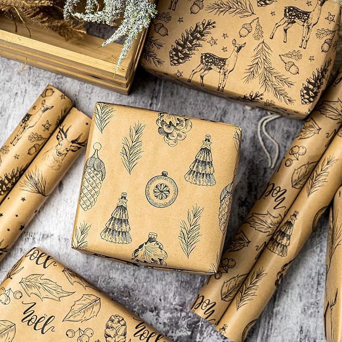 RUSPEPA Christmas Wrapping Paper Set - 4 Rolls of Kraft Wrapping Paper (30 Inches x 10 Feet Per Roll) with 8 Gift Bows, 1 Spools of Bakers Twine, Jute String, 30 Stickers and 30 Gift Tags - Black