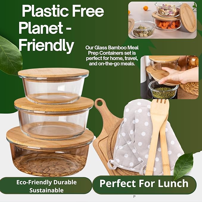 Set of 3 Glass Containers with Bamboo Lids | Airtight, Round, BPA-Free | Reusable Food Storage for Kitchen, Pantry, Meal Prep | Eco-Friendly and Durable (1)