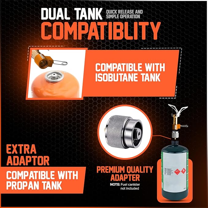 Mini 3000W Camping Stove, Ultralight Backpacking Camp Stove with a Carrying Case and an Additional Adapter, Compatable with Isobutane and Propane Tanks, Portable and Collapsible