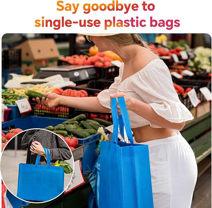24 Pack Reusable Grocery Bags, Colorful Non-Woven Shopping Bags, Foldable Tote Bags Bulk