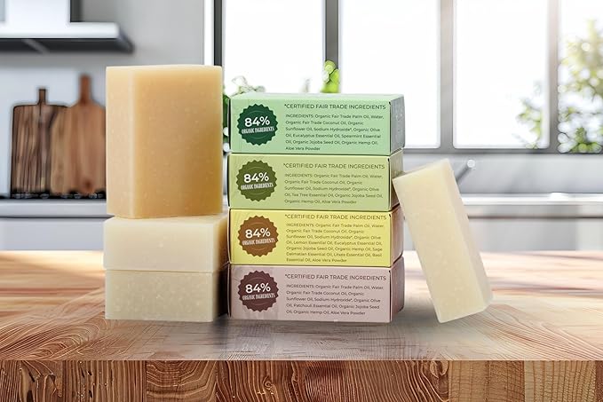 Adams Handmade Soap Variety Pack – 4 Bar Set: Tea Tree, Eucalyptus Spearmint, Patchouli, Lemon Sage | Vegan, Cold Process, 84% Organic, Essential Oils, USA Made