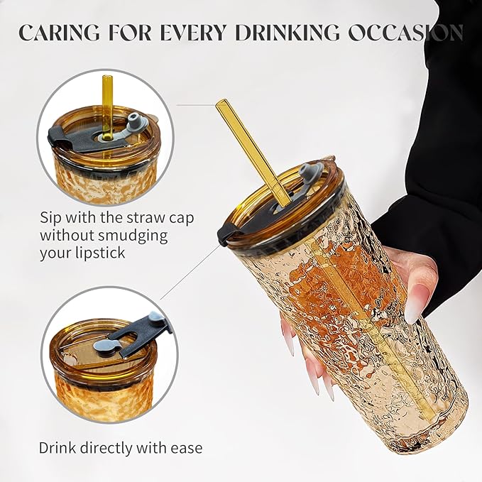 Puraville 2 Pack 18oz Glass Cups with Lids and Straws, Vintage Ribbed Striped Glacier Pattern Thickened Glassware for Whiskey Cocktail Beer, Mason Jar Drinking Glasses Tumbler Iced Coffee Cup, Amber