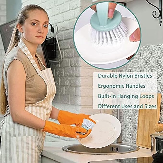 Dish Brush with Handle, Kitchen Dish Scrub Brush Set, 4-Piece Kitchen Cleaning Brush Set for Pots and Bottles, Nordic Green