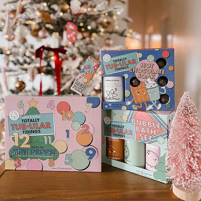 Dabble & Dollop Totally Tub-ular Tidings Merry Fizzfest Mini Bath Bombs Stocking Stuffer - Holiday Gift Set of Three Fizzy Natural Bath Bombs for Kids (Pack of 4)