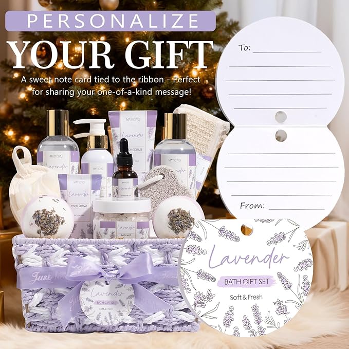 Christmas Birthday Gifts for Women, Lavender Relaxing Spa Gift Baskets for Women Self Care Package Bath Gift Set, Home Bath and Body Kit Pamper Gifts for Womens Mom Her Friends Sister Wife Girlfriend