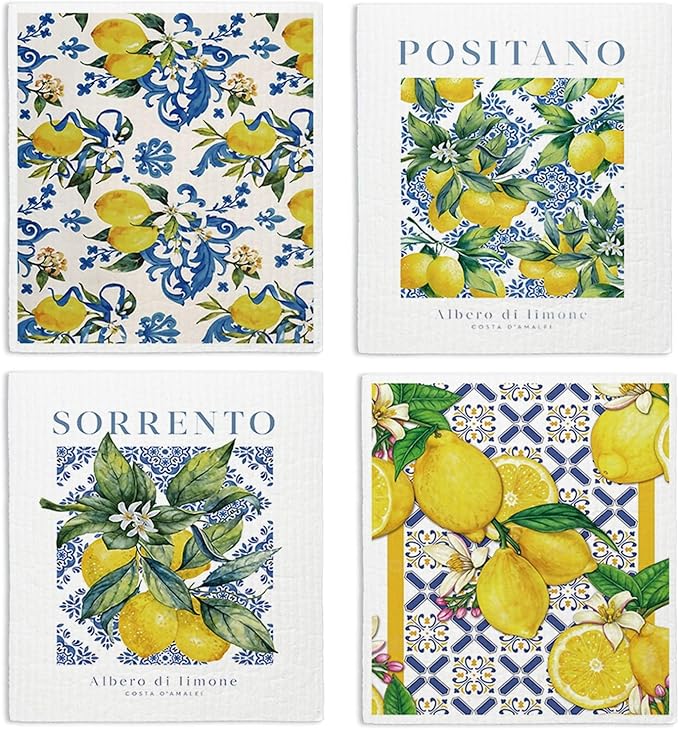Swedish Dishcloths for Kitchen, Papaya Reusable Paper Towels Washable, Vintage Floral Summer Lemon Swedish DishCloths for Friut, 4 Pcs Dish Towels for Kitchen, No Odor Cleaning Cloths