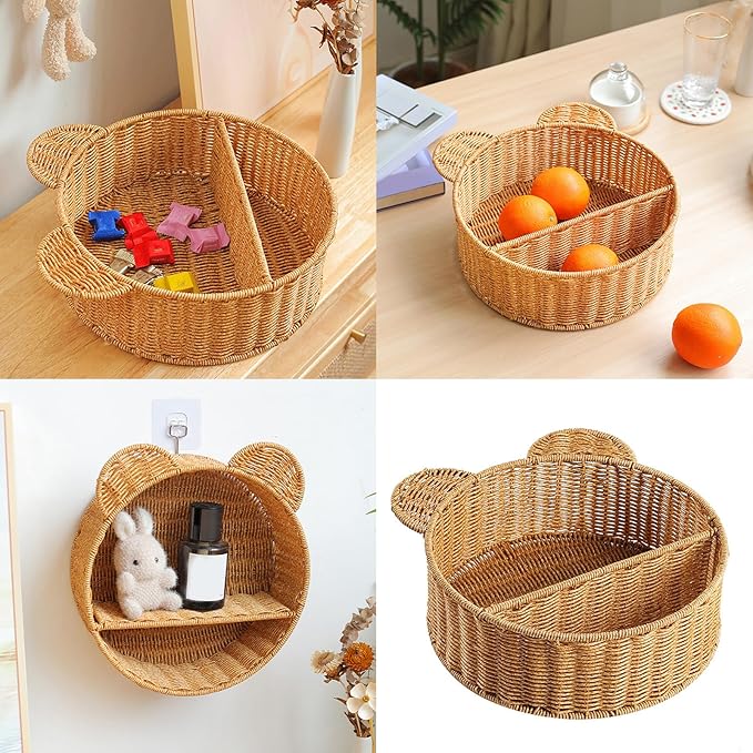 Natural Woven Bear Ear Wall Shelf Handmade Storage Basket for Small Plants and Books Decorative Floating Organizer with Unique Animal Design