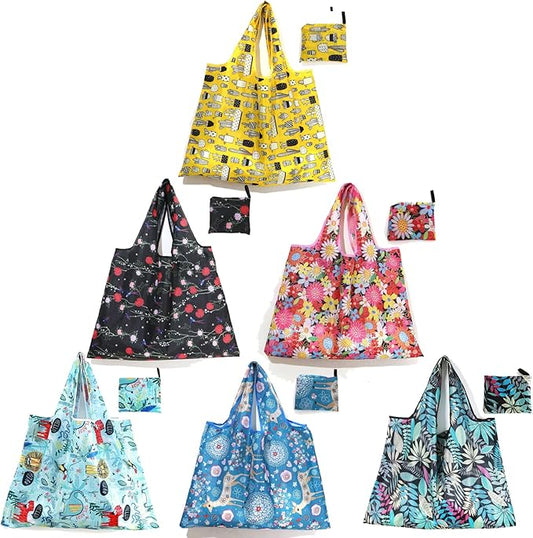 6 Packs Oxford Cloth Reusable Grocery Bags Cute Foldable Washable Grocery Bags Lightweight Shopping Tote Bags